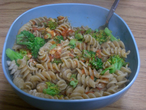 whole wheat fusilli, broccoli, grated parm, and red sauce ;) 